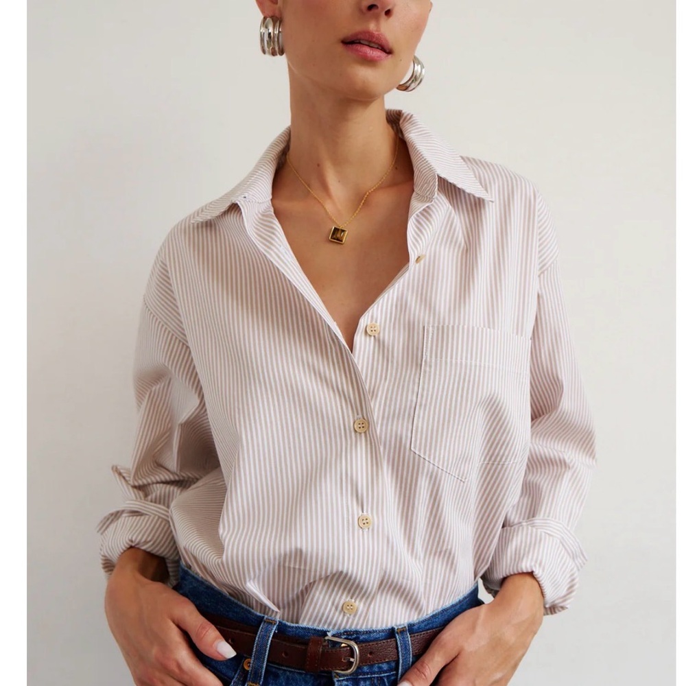 NWT Jamie Haller The Weekend Button Down Cotton Poplin Shirt Tan Stripe